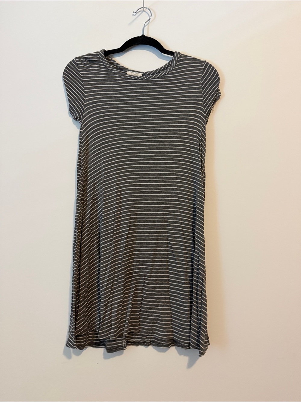 Pinc Gray & White Striped Short Sleeve A-Line Dress